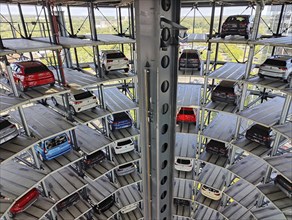 New cars for delivery in the Autoturm, interior view from top to bottom, Autostadt, Volkswagen AG,