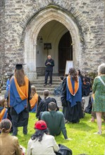 Satish Kumar speaking at graduation event, Schumacher College, Dartington Hall estate, Totnes,