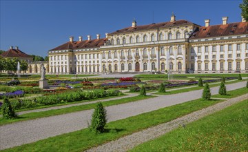 Garden parterre with flowerbeds in front of the New Palace in the Schleissheim Palace complex,