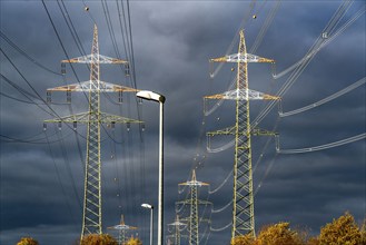 High-voltage pylons, overhead lines, with warning paint for air traffic, near Krefeld, North