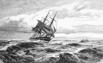 Two-masted full-rigged ship in heavy seas, Baltic Sea, Mecklenburg-Western Pomerania, Germany,