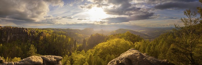 View of the Schrammstein chain, the Falkenstein and the Lilienstein from the Carolafelsen, Bad