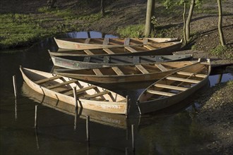 Wooden boats on the banks of the Krutyna, Masuria, Poland, Masuria, Poland, Europe