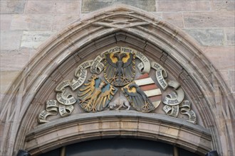 East side with coat of arms above the entrance gate, historic toll hall, built 1498-1502, former