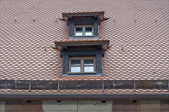 Dormer windows from the historic granary built around 1516, Schlotfegergasse, Nuremberg, Middle