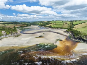 River Emme and Red Cove from a drone, Mothecombe, Plymouth, South Devon, England, United Kingdom,