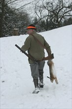 Hunter with a hare (Lepus europaeus) in the snow, Lower Austria, Austria, Europe