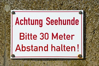 Sign with the inscription 'Achtung Seehunde Bitte 30 Meter Abstand halten!', red and white warning