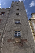 Tower of a former patrician castle, now a hotel, Haidplatz, Regensburg, Upper Palatinate, Bavaria,