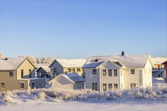 New build residential area with detached houses on a cold snowy winter day with hoarfrost,