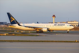 An Air Astana Boeing 767-300ER aircraft with the registration EI-KEC at Frankfurt Airport, Germany,