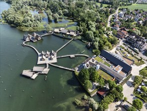 Aerial view of the pile dwellings, Lake Dwelling Museum, Open Air Museum Unteruhldingen,