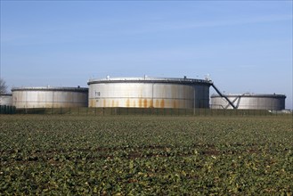 Tanks filled with crude oil at Ölhafen Rostock GmbH, EUROPORTS. The PCK refinery in Schwedt is