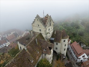 Aerial view of the historic Meersburg in autumn fog, Lake Constance, Lake Constance district,