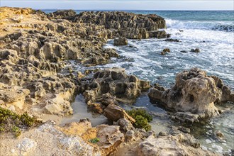 Eroded rocks on the beach of Salines, Ibiza, Balearic Islands, Mediterranean Sea, Spain, Europe