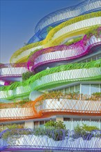 Modern apartment building with colourful balcony decorations, Eivissa, Ibiza Town, Ibiza, Balearic