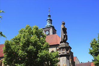 Regiomontanus Fountain on the market square and late Gothic, Evangelical-Lutheran St Mary's Church,