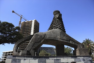 Addis Ababa, street scene in the city centre, statue of a lion in front of the National Theatre,