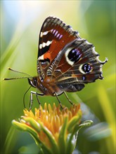 Detailed macro of a peacock butterfly (Aglais io), with a focus on the striking eyes, AI generated