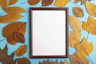 Composition with yellow and brown autumn leaves and wooden frame mockup on blue pastel background.