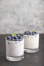 Yogurt with blueberry and chia in glass on black concrete background. Side view, close up, copy