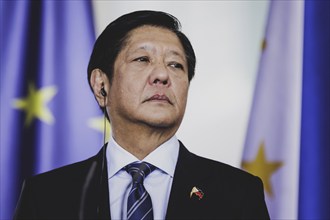 Ferdinand Marcos Jr, President of the Philippines, speaks to the media after a joint meeting with