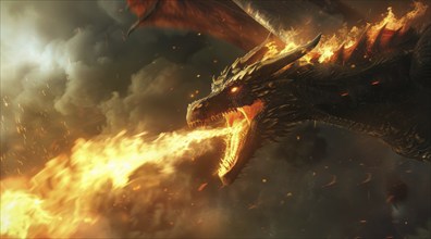 Flying dragon is spewing fire from its mouth, AI generated