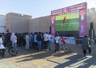 Crowd building up football match in FIFA World Cup, Qatar 2022, Essaouira, Morocco, north Africa,