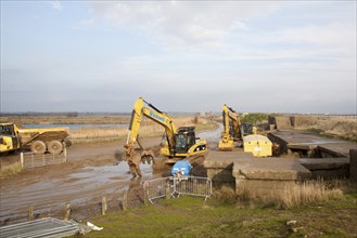 Heavy machinery used to build coastal defence against rapid erosion at East Lane, Bawdsey, Suffolk,