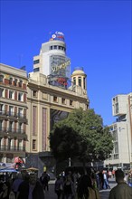 Buildings neon advert signs on Callao plaza square in Madrid city centre, Spain, Europe