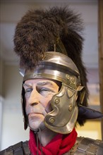 Roman soldier mannequin model wearing. helmet. With permission of Wiltshire Museum, Devizes,