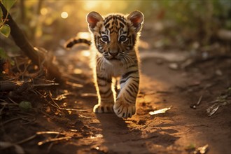 Baby tiger cub walking in jungle forest with confidence during the golden hour, AI generated