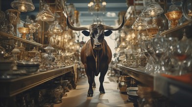 Very large bull with horns in a China shop filled with glassware. generative AI, AI generated