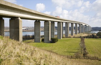 The Orwell Bridge opened in 1982 carries the A14 trunk road over the River Orwell, Ipswich,