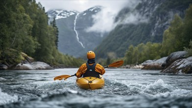 Kayaker paddling the rapids of A beautiful mountain river. generative AI, AI generated