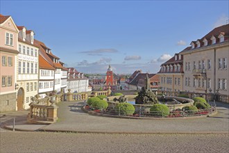 Fountain Water Art with view of Old Town Hall, historical, Houses, Main Market, Gotha, Thuringia,