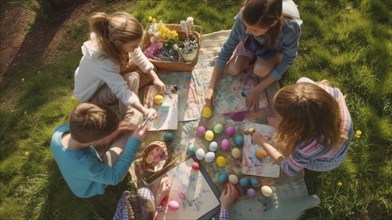 Several children decorating easter eggs at the table together, generative AI, AI generated