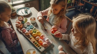 Several children decorating easter eggs at the table together, generative AI, AI generated