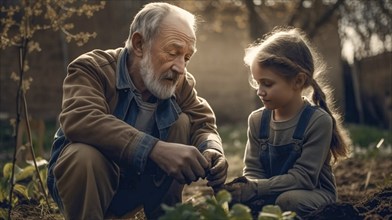 Elderly grandfather planting some spring plants with his granddaughter in the garden, generative