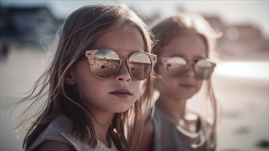 Two young girlfriends posing wearing sunglasses having fun on the beach, generatvie AI, AI