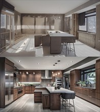 Luxurious custom kitchen upgrade interior before and after construction, generative AI, AI