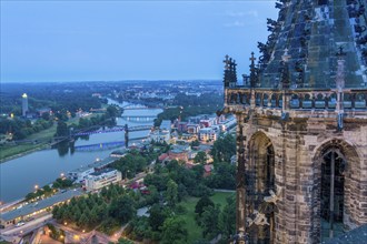 View from Magdeburg Cathedral onto the Elbe with illuminated lift bridge, star bridge and Albin