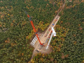 Crane installing parts of a wind turbine in an autumn-coloured forest, wind farm construction site,