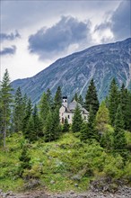 Lake chapel Maria am See, Obernberger See, mountain lake, landscape of the Stubai Alps, weather