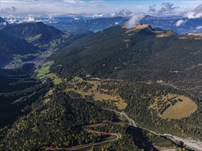 The Val d'Anna valley, behind the village of Ortisei in Val Gardena, drone shot, Val Gardena,