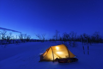 Tent in mountain landscape, Sarek National Park, World Heritage Laponia, Norrbotten, Lapland,