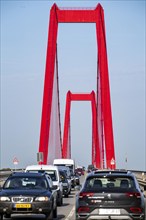 Traffic on the Rhine bridge Emmerich, federal road B220, longest suspension bridge in Germany,