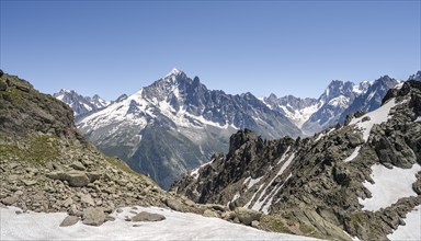 Mountain landscape with mountain peak Aiguille Verte, Mont Blanc massif, Aiguilles Rouges,