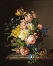 Bouquet of flowers with bird's nest and butterfly, painting by Josef Lauer (1818, 1881), Austrian