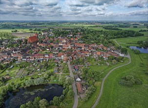 Aerial view of the Hanseatic town of Werben in the Altmark. In the foreground the Elbe gate, on the